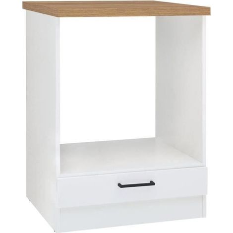 Meuble bas four 60 cm – Plan de travail chêne artisanal doré – Blanc brillant – Dimensions L 60 x H 86 x P 60 cm – Poignées en plastique (1/5)