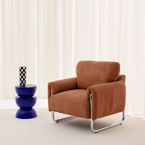 sweeek - Fauteuil vintage velours côtelé armature chromée terracotta - Vintage (1/5)