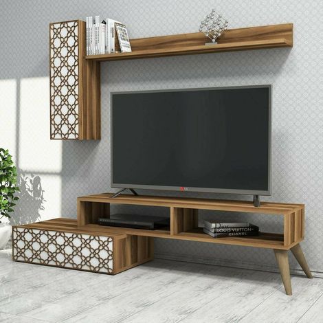 Dmora - Parete attrezzata Ardara, Composizione soggiorno, Mobile salotto multiuso, Armadio porta TV, 150x37h38 cm, Noce e Bianco (1/5)