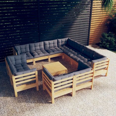 12-tlg. Garten-Lounge-Set mit Grauen Kissen Massivholz Kiefer vidaXL (1/5)