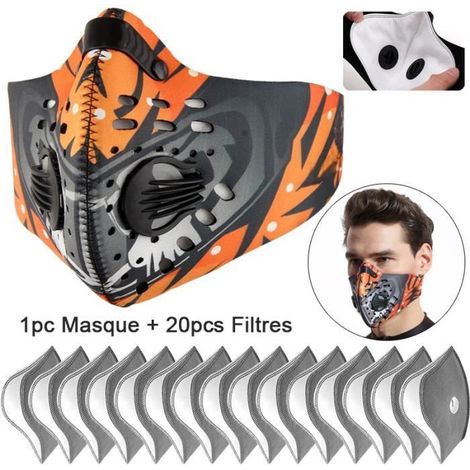 20Pcs Filtre 5 Couches En Carbone Activé Anti-smog + 1Pcs Masque de Cyclisme Réutilisable et Lavable Orange (1/4)