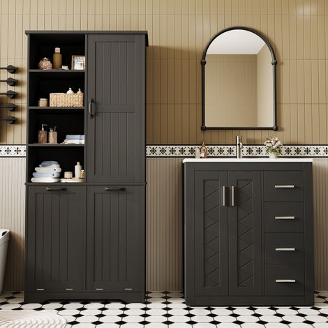 Ensemble de meubles de salle de bain - Meuble vasque + Armoire de rangement - 2 paniers à linge - Noir (1/5)