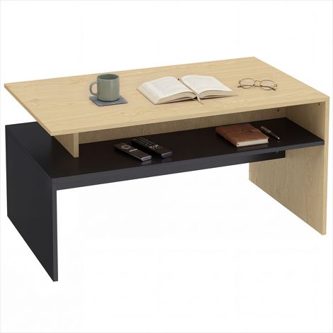 Table basse rectangulaire en MDF finition mélamine, bicolore bois naturel et noir, design contemporain à étagère, 95 x 55 x 50 cm (1/5)