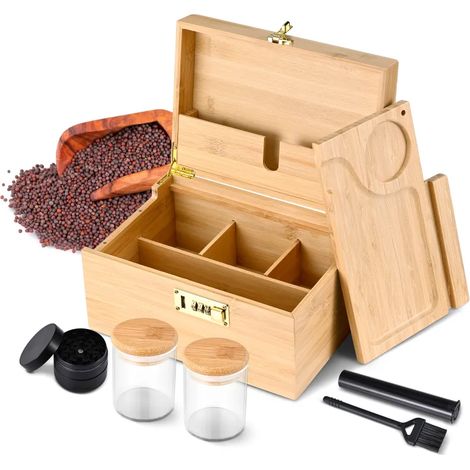 Grande boîte de rangement en bambou avec cadenas à combinaison, organisateur décoratif, bocal en verre inclus, idéale pour la maison.