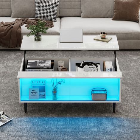 Table basse blanche réglable 105x50x43 cm avec LED, rangement caché et plateau verre trempé, 4 pieds stables - design moderne pour salon (1/5)