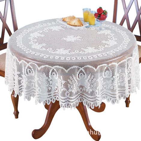 Chemin de table en polyester aspect lin, motif ajouré, gris uni, pour table à manger et table basse, diamètre 180 cm.