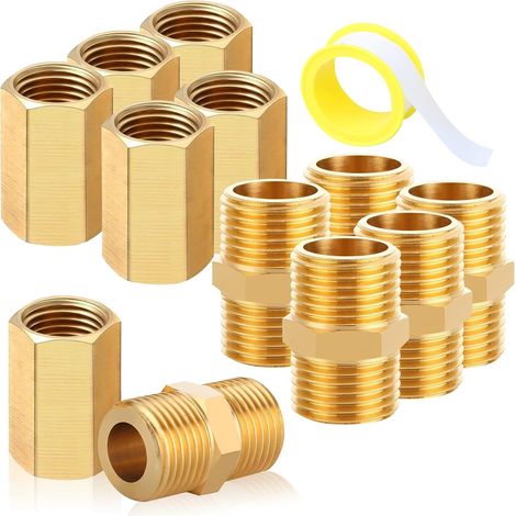 Lot de 12 doubles et manchons en laiton 1/4", 6 filetés extérieurs 1/4" et 6 manchons filetés intérieurs 1/4", AG/IG, raccord fileté hexagonal pour tuyau d'eau et tuyau de gaz (1/5)