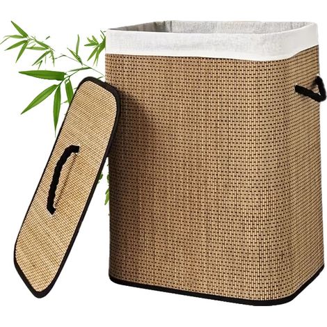 Panier à linge en bambou, design pliable, couvercle de contrôle des odeurs, 72L (1/2)