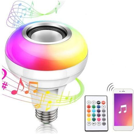 Bombilla LED RGB inteligente con altavoz Bluetooth - E26/E27 12W recargable multicolor con luz de audio y control remoto (1/5)