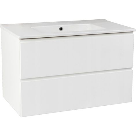 Weißer, wandhängender Badezimmerschrank – 80 cm – 2 Schubladen – Hochglanzoberfläche – Soft-Close-Mechanismus