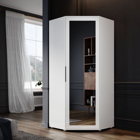 ELEGANT Corner Mirrored Wardrobe Modern High Gloss Furniture with 2 Hanging Rails and 4 Storage Shelves, Bedroom Closet Storage, Space Saving Design, White (1/5)