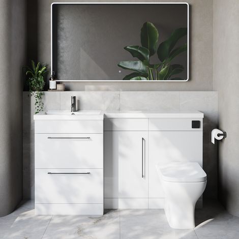 Napoli 390 Gloss White 1500mm 2 Drawer Vanity Unit Toilet Suite with Left Hand Square Lucia Basin - 1500mm - Gunmetal Grey 320mm HandleWith Kingston Toilet Pan and Seat