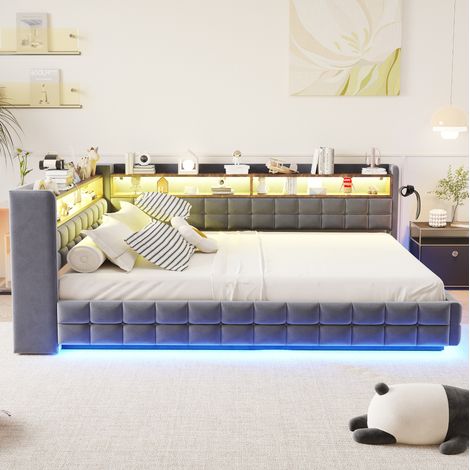 Sofá cama 140x200 cm gris en terciopelo con almacenamiento hidráulico y LED (1/5)