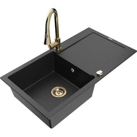 Mexen Leo lavello in granito a 1 vasca con gocciolatoio e rubinetto da cucina Elia, nero/metallo argento - 6501-73-670101-50 (1/5)
