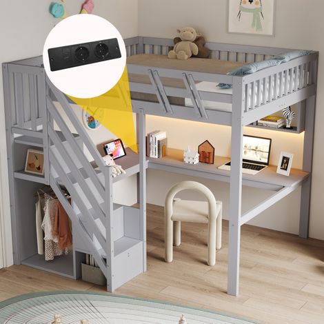Lit mezzanine adulte 140x200 cm avec bureau, escalier de rangement, LED et prises, structure en bois gris (1/5)