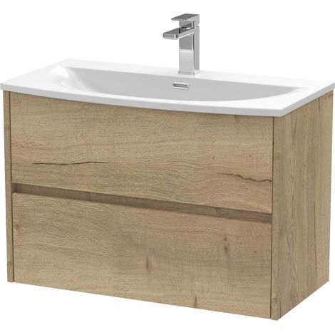 Nuie Havana Autumn Oak Woodgrain 800mm Wall Hung 2 Drawer Vanity Unit and Curved Ceramic Basin - HAV806G (1/4)