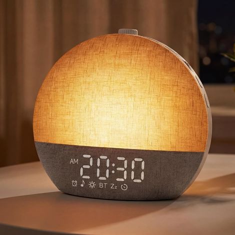 Réveil Lumineux Simulateur d'Aube Eveil Lumière Reveil Matin,Lampe de Chevet 30 Sons Naturels 20 Niveaux de Luminosité,17 Couleur Réveil Lumière Veilleuse,Minuteur Snooze,pour Enfant Ado Adulte (1/5)