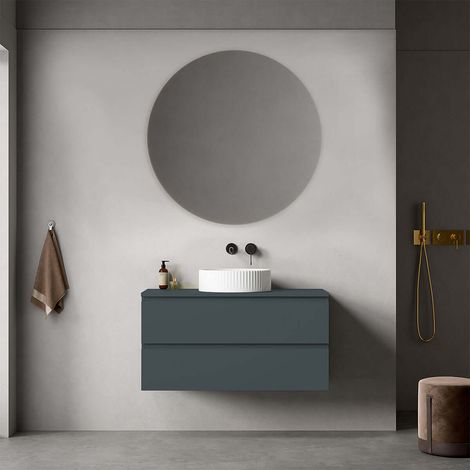 Mobile bagno sospeso 100 cm Blu Mare per Lavabo d'appoggio Specchio Tondo - Fiji Paint Top