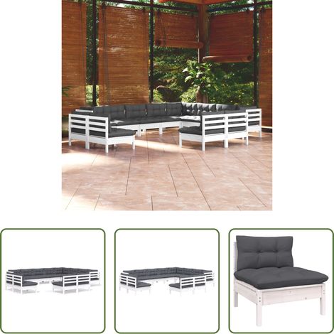 Terrassensofa - 12-tlg. Garten-Lounge-Set mit Kissen Weiß Massivholz Kiefer (1/5)