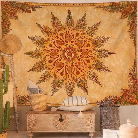 Tapiz de pared floral mandala bohemio vintage，tapices de pared indios para dormitorio，tapiz de pared floral naranja y amarillo，150130cm (1/5)