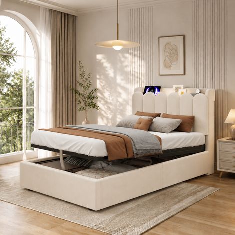 Lit coffre enfant 90x200 avec rangement, sommier à lattes, tête de lit rembourrée avec USB, Type-C et liseuse LED, velours, Beige (1/5)