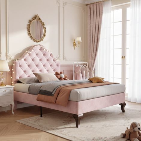 letto singolo 90x200 testiera regolabile velluto rosa HAVRYA (1/5)