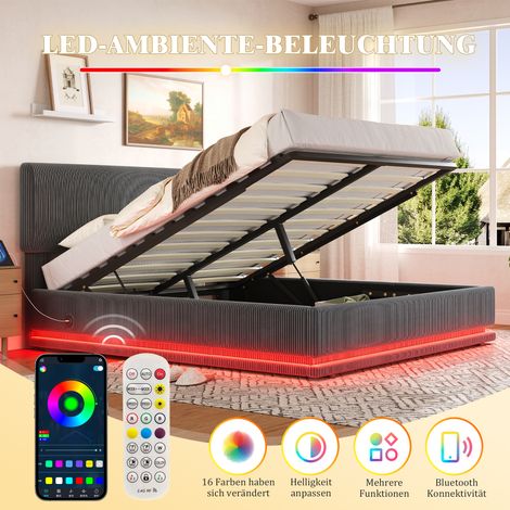 Lit capitonné moderne avec éclairage LED et fonction de charge USB-C, tête de lit réglable en hauteur, tissu côtelé, sommier à lattes stable, grand espace de rangement sous le lit et tête de lit rembo