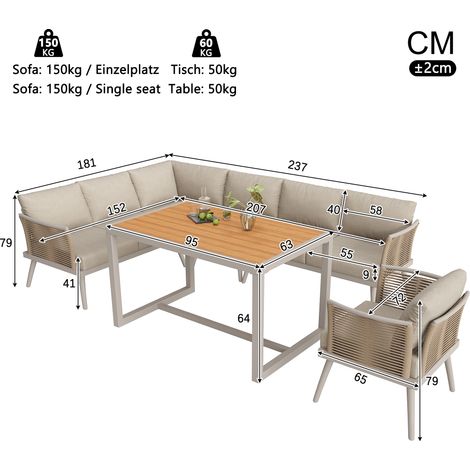 ELVMI Gartenlounge Set mit 2 Mehrsitzer-Sofas, 2 Sesseln und 1 Couchtisch, Eisen und Verbundholz, Beige (1/4)