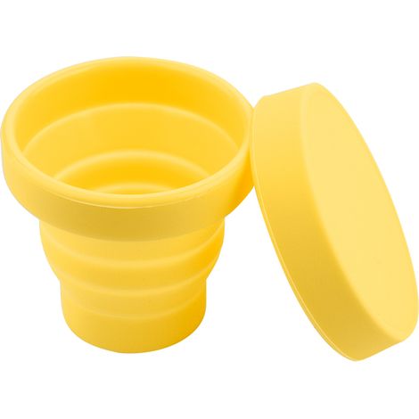 Gobelet télescopique pliable en silicone jaune, idéal pour les voyages, le camping et les activités de plein air. (1/5)