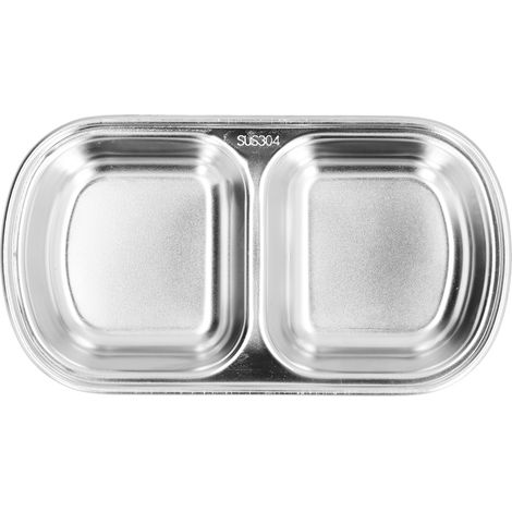 Assiette à condiments en acier inoxydable épaissi, grille divisée pour sauce de fondue, collation, 2 compartiments, idéal pour cantine (1/5)