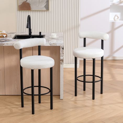 Lot de 2 tabourets de bar repose-pieds chaises de bar en tissu bouclette avec dossier incurvé blanc 50x52.5x98cm finition de qualité