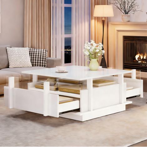 Mesa de centro 70x70x35 cm de madera blanca con almacenaje FLORAGRACE (1/5)