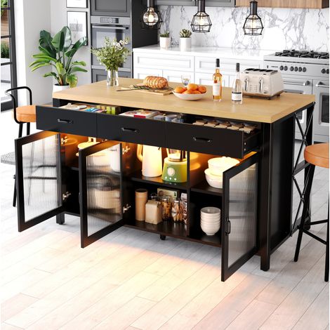 Îlot de cuisine 150x80x90 cm MDF métal noir et naturel avec LED et rangements - CHICFURN (1/5)