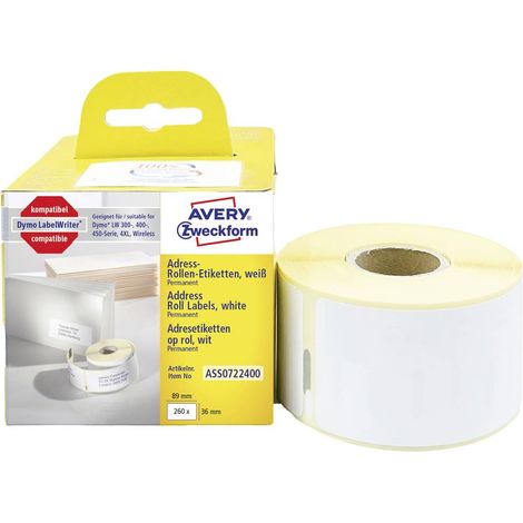 Avery-Zweckform ASS0722400 Rotolo di etichette 89 x 36 mm Carta Bianco 260 pz. A tenuta permanente Etichetta per indiri (1/4)