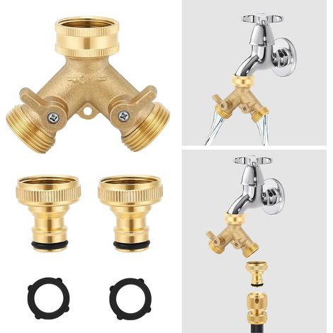 2-way tap splitter - 3/4-inch multifunctional hose connector, independent flow valve per outlet, can be used as a Y-connector, Brass
