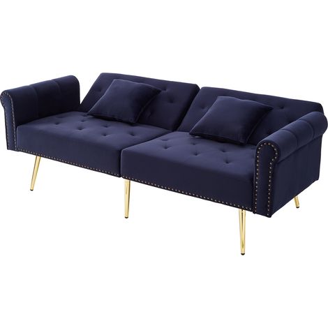 Sofá cama de 2 plazas en terciopelo azul oscuro con respaldo reclinable y patas metálicas doradas (1/5)