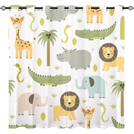 Rideaux Safari Enfants - Motif Jungle Animaux Sauvages (Lion Hippo Éléphant) avec Œillets Opaques Isolants Thermiques pour Chambre Garçons/Filles - 2 Panneaux L60 x H120cm - 60L X 120H cm (2 Panneaux) (1/5)
