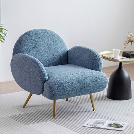 Fauteuil de Salon Bleu en Tissu Bouclette, Fauteuil Confortable à Accoudoirs, Pieds en Métal Doré, Fauteuil de Lecture Moderne pour Chambre (1/5)