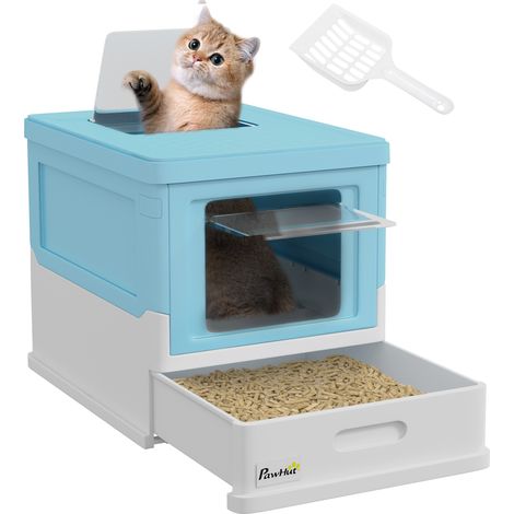 PawHut Hooded Cat Litter Box, Portable Pet Toilet w/ Tray, Scoop, Front Entry Light Blue (1/5)