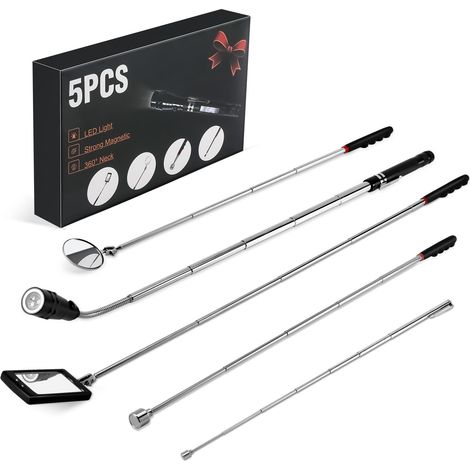 Kit d'outils de Ramassage Télescopique Magnétique, 5 PCS de Ramassage avec Poignée Rétractable, 1&15lbs Ramassage Magnétique, Miroir d'inspection Rond et Réglable à 360 °, Lampe de LED, cadeaux de Noë