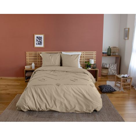 Parure de lit 220x240 cm – Housse de couette géométrique taupe – 2 taies d'oreiller – 100% coton lavé – OEKO-TEX® STANDARD 100 – Côté Déco (1/3)