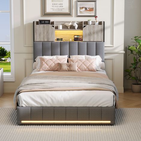 JOOKGBD-Polsterbett 90x200 cm mit 2 Schubladen,Doppelbett Stauraumbett mit LED und USB,Jugendbett mit Kopfteil,Bettgestell mit Lattenrost,Multifunktionales Bett,Leinenstoff,Ohne Matratze,Grau (1/5)