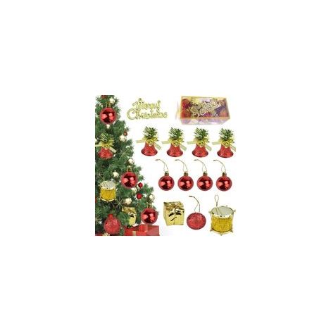 Set mit 32 Weihnachtskugeln, 5 verschiedene Ausführungen, rote und goldene Weihnachtskugeln, Kunststoff-Weihnachtskugeln mit Kordel für den Weihnachtsbaum (1/5)