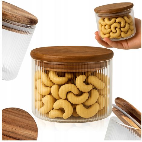 Contenitore per alimenti in vetro scanalato con coperchio in legno, 390 ml