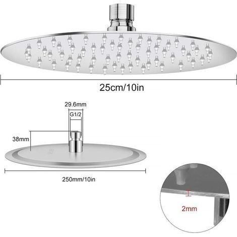 Runder Duschkopf aus Edelstahl 304 – 25 cm, Standard-G1/2″-Anschluss, ausgewogener Wasserstrahl und Anti-Kalk-Beschichtung
