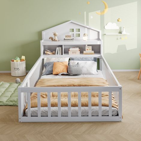 Lit cabane 90x200 cm en bois massif blanc avec barrière de sécurité, porte et sommier inclus (1/5)