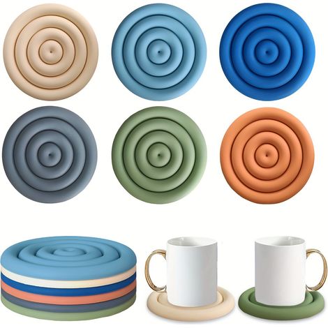 Lot de 6 sous-verres ronds en silicone (14,5 cm), design concave moderne, résistant à la chaleur et antidérapant, en 6 couleurs colorées, pour lunettes, tasses et casseroles