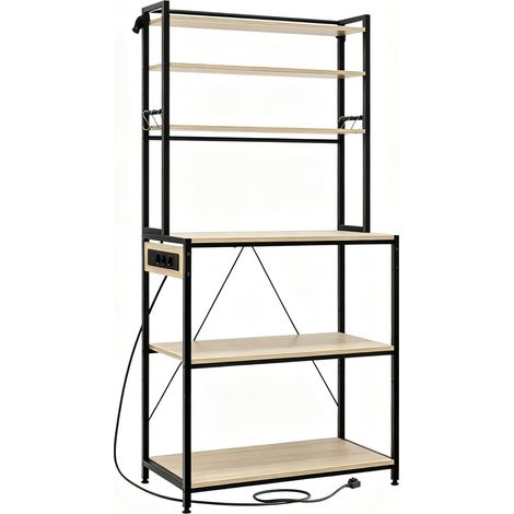 Étagère de cuisine avec prises 6 niveaux et 6 crochets, station café et support micro-ondes en bois clair et métal, rangement réglable 80 x 40 x 167 cm  CHICFURN (1/5)