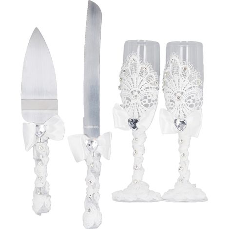 Service à gâteau avec flûtes à champagne, coupe-gâteau et pelle à tarte extensibles, blanc, idéal pour un mariage ou un anniversaire. (1/5)