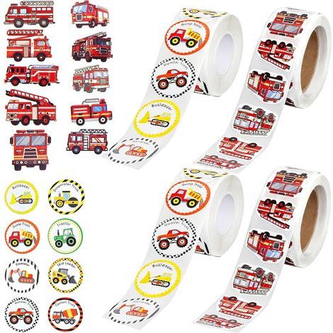 Paquete de 2000 rollos de pegatinas y calcomanías para vehículos de construcción, camiones de bomberos, recuerdos de fiesta, bolsas de regalos, proyectos de bricolaje e incentivos de recompensa. (1/5)